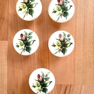 Vintage Porcelain Cabinet Large White Mushroom Floral Sage Green Stem Knobs 5x